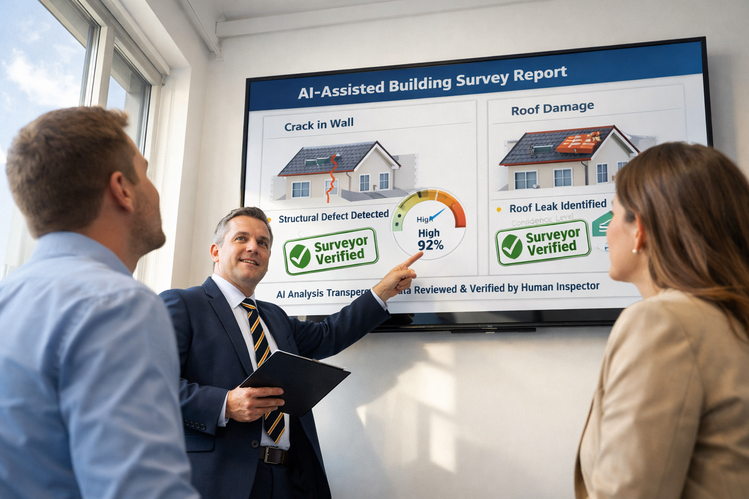 Dramatic low-angle perspective of a chartered surveyor presenting findings to a client couple in a bright modern office,