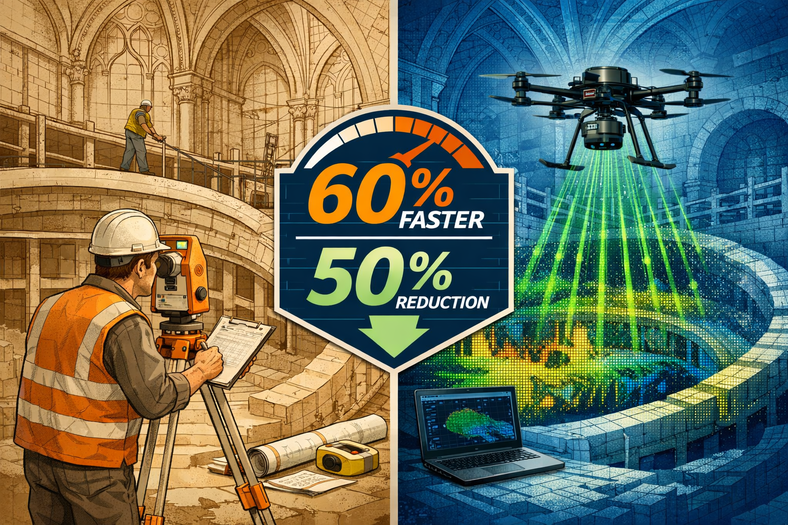 () detailed technical illustration showing split-screen comparison: left side displays traditional surveyor with theodolite