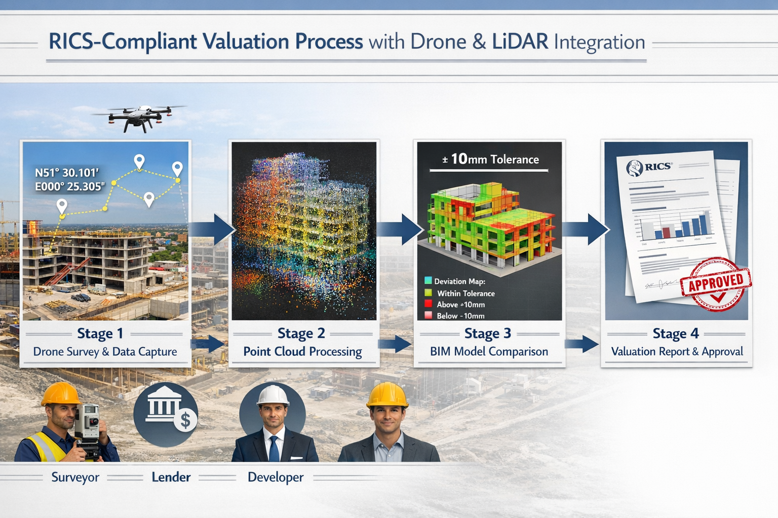 () detailed workflow diagram showing RICS-compliant valuation process with drone and LiDAR technology integration. Visual