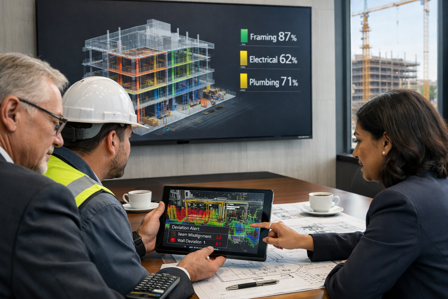 () professional business meeting scene showing lender review process: modern conference room with large wall-mounted screen