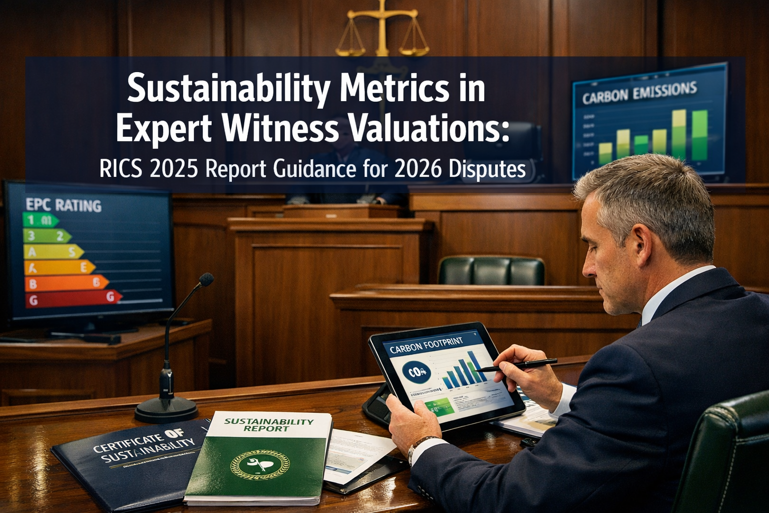 Professional () hero image with 'Sustainability Metrics in Expert Witness Valuations: RICS 2025 Report Guidance for 2026