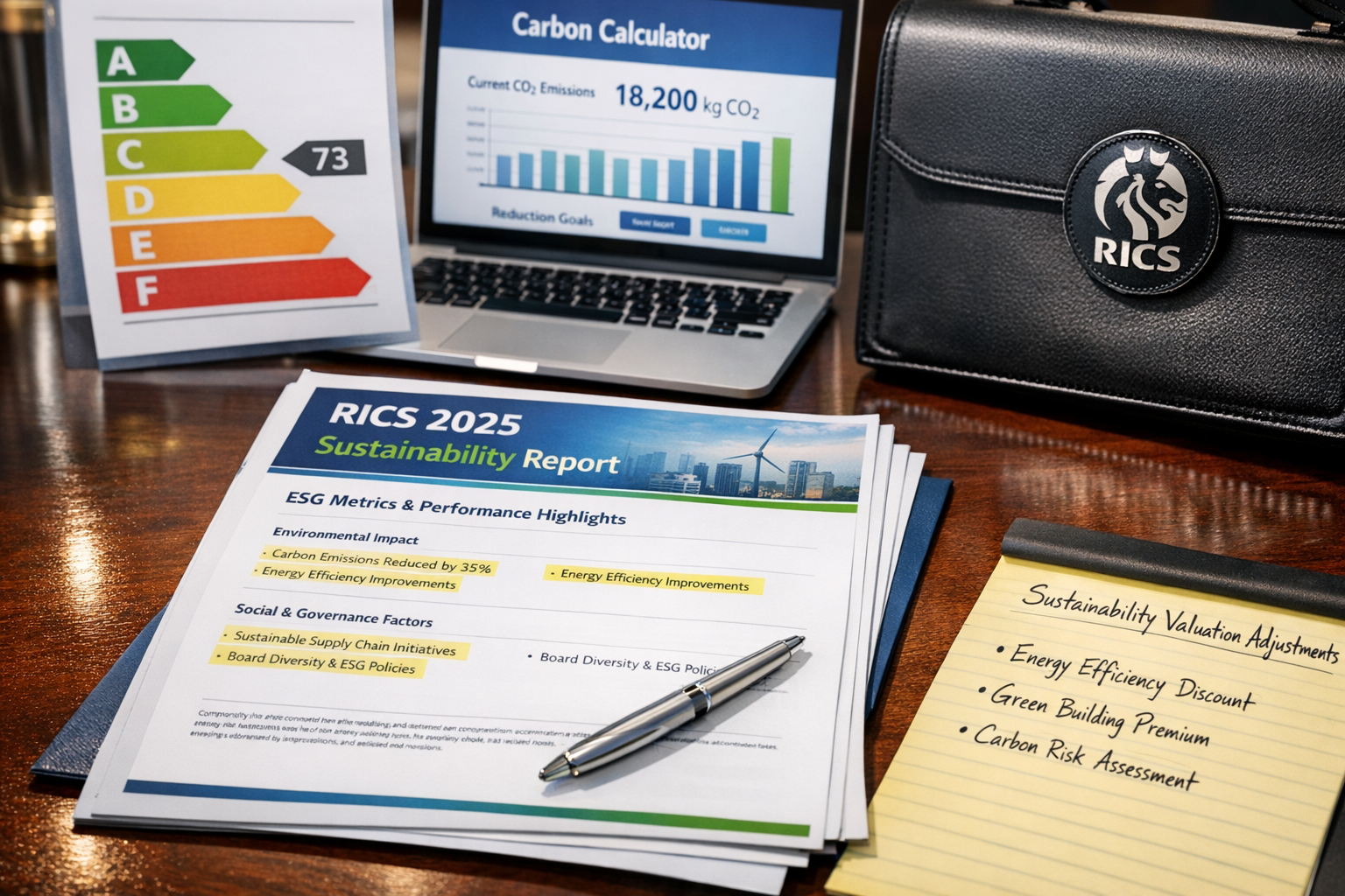 Detailed () image showing close-up of RICS 2025 Sustainability Report document on mahogany desk with highlighted sections on