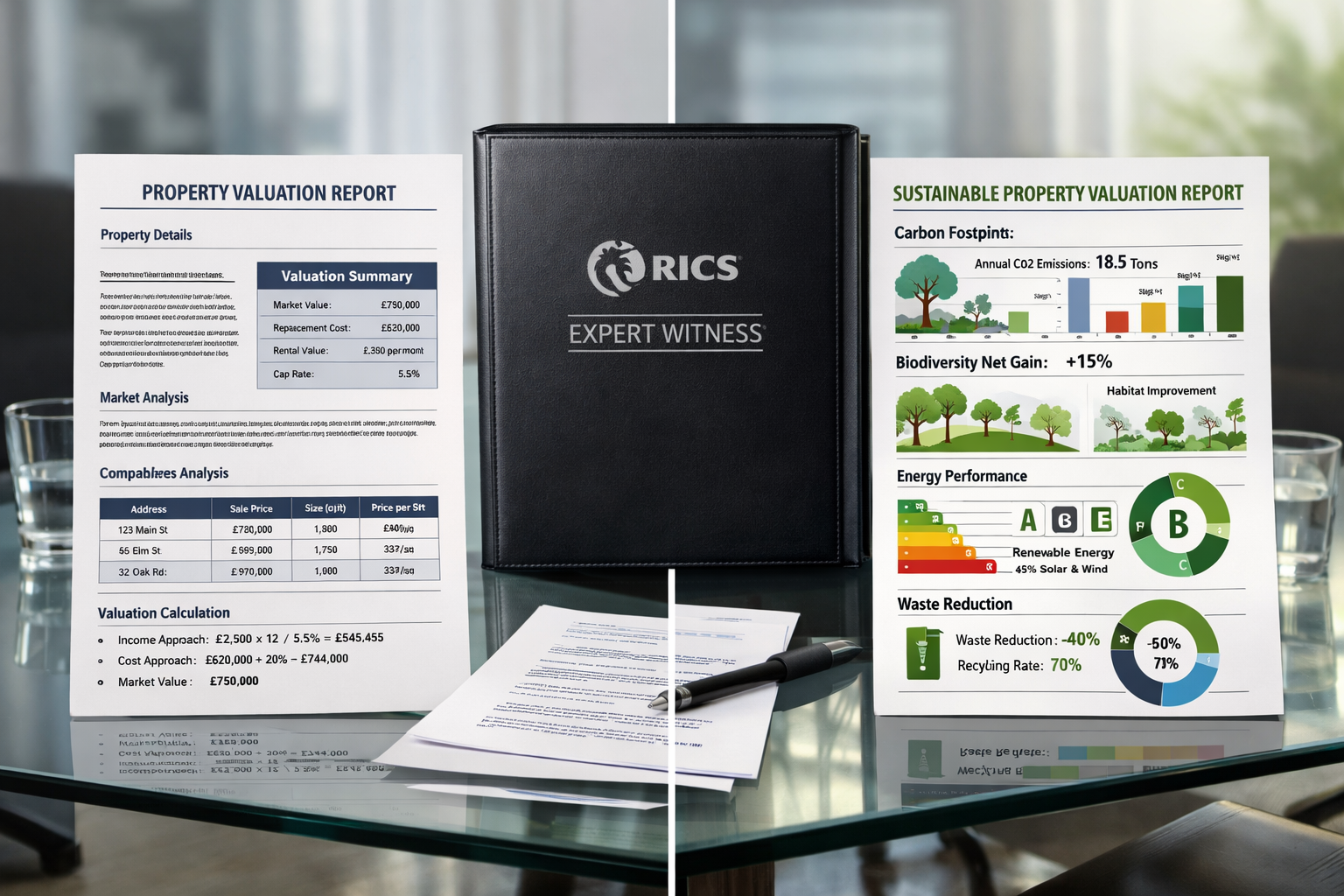 Wide-angle () image depicting split-screen comparison: left side shows traditional property valuation report with standard