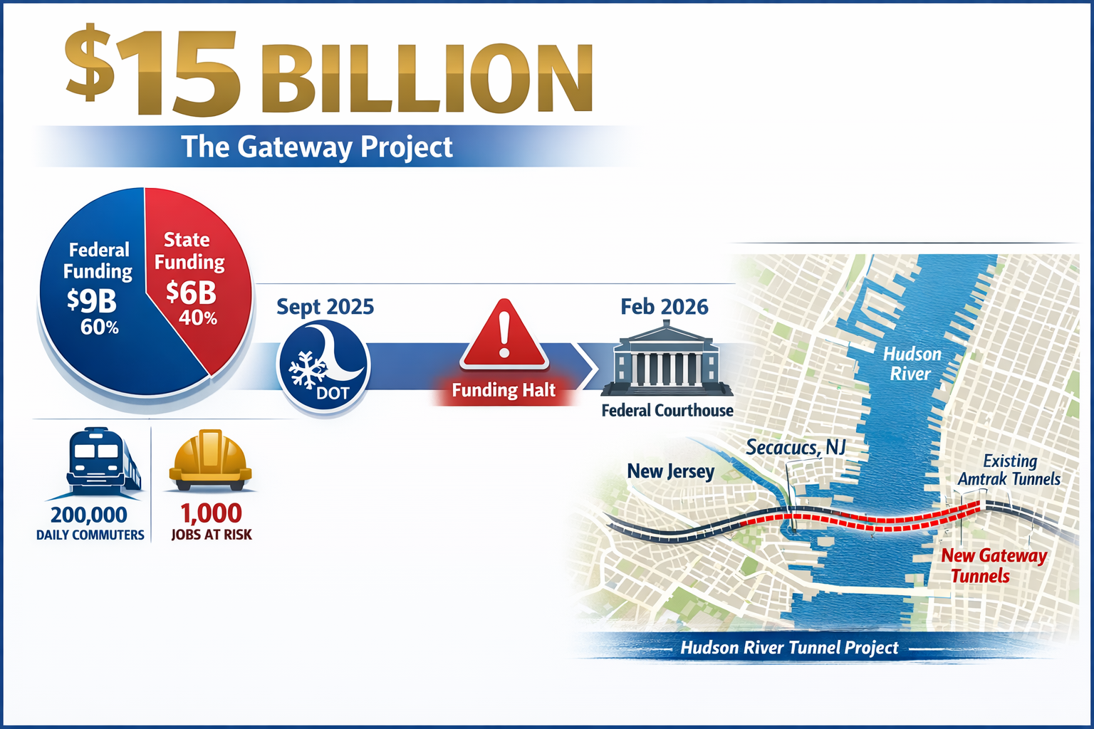 Landscape format (1536x1024) detailed infographic showing the Gateway project timeline and funding breakdown. Visual elements include: large