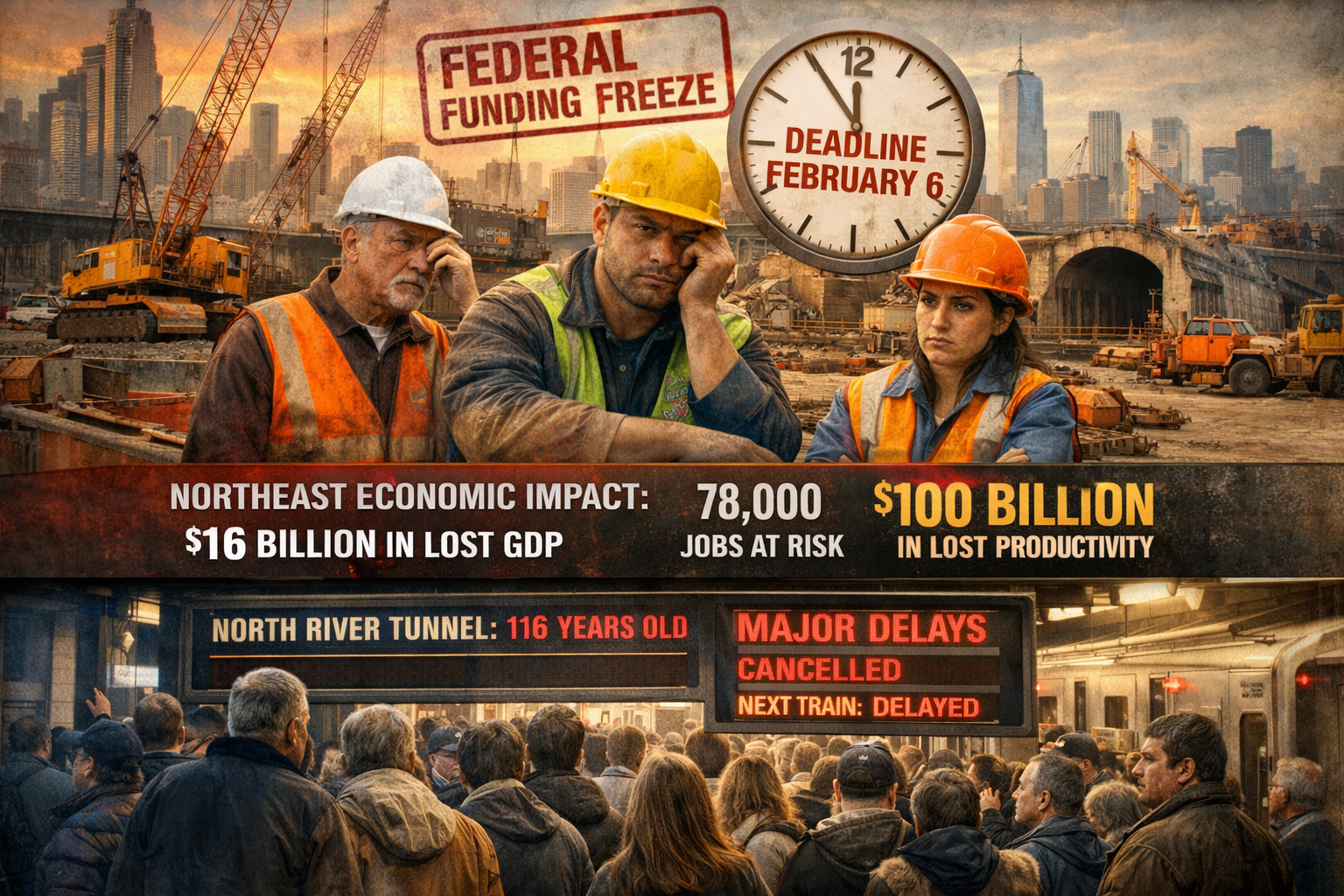 Landscape format (1536x1024) compelling scene showing the economic impact and human cost of the funding freeze. Split composition: top half 