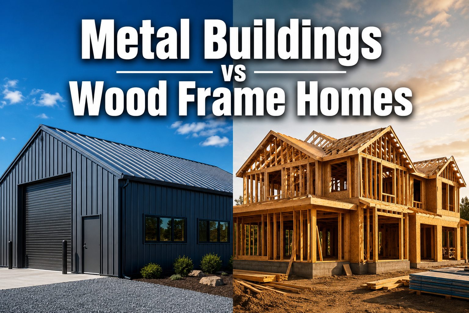 Professional () hero image with : 'Metal Buildings vs Wood Frame Homes' in extra large white with dark drop , centered upper
