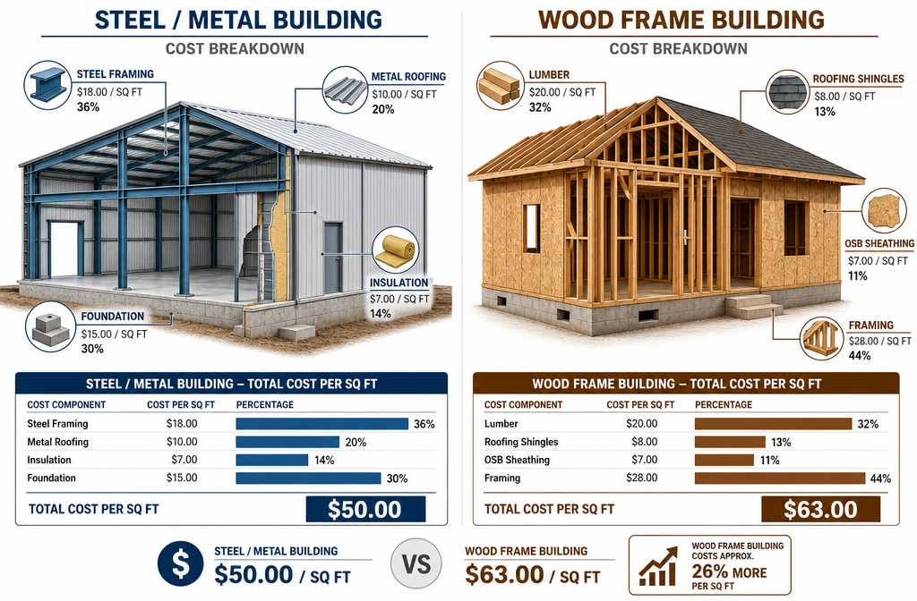 Detailed () side-by-side comparison infographic illustration showing cost breakdown chart for metal building construction