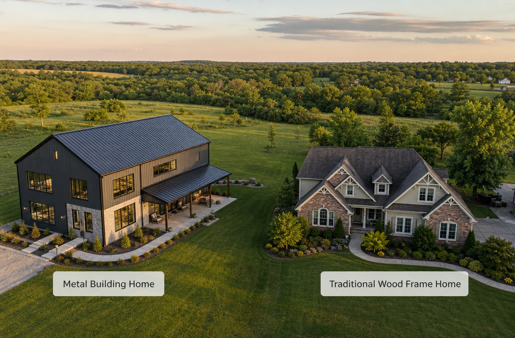 Detailed () showing a realistic split-scene aerial perspective photograph. Left side: a completed metal building home with