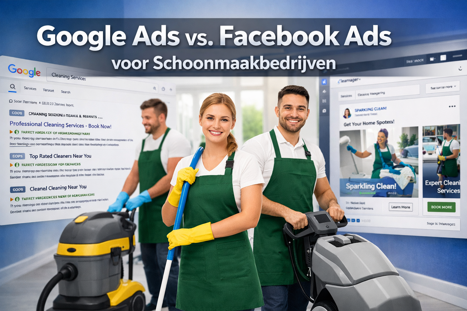 Professional landscape hero image (1536x1024) featuring bold text overlay 'Google Ads vs. Facebook Ads voor Schoonmaakbedrijven' in extra la