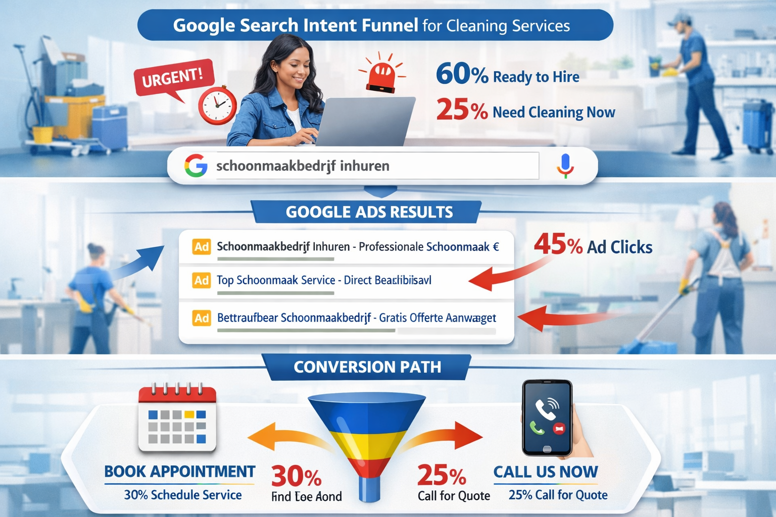 Detailed infographic illustration (1536x1024) showing Google search intent funnel for cleaning services with three distinct layers: top laye