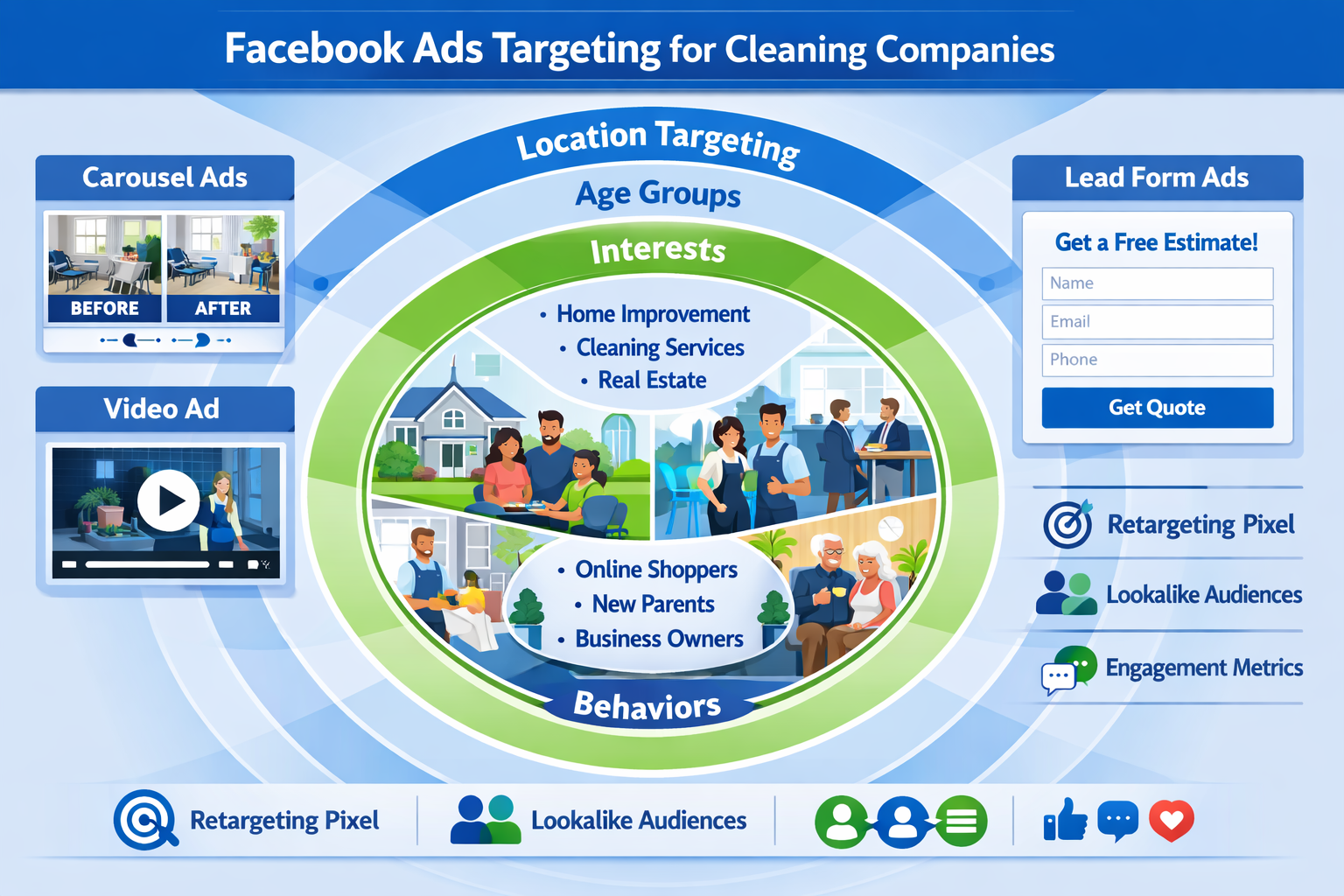 Professional landscape comparison chart (1536x1024) illustrating Facebook Ads targeting capabilities for cleaning companies with visual demo