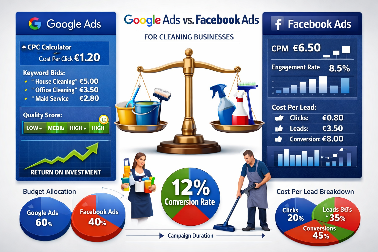 Detailed cost comparison infographic (1536x1024) displaying side-by-side analysis of Google Ads versus Facebook Ads for cleaning businesses.
