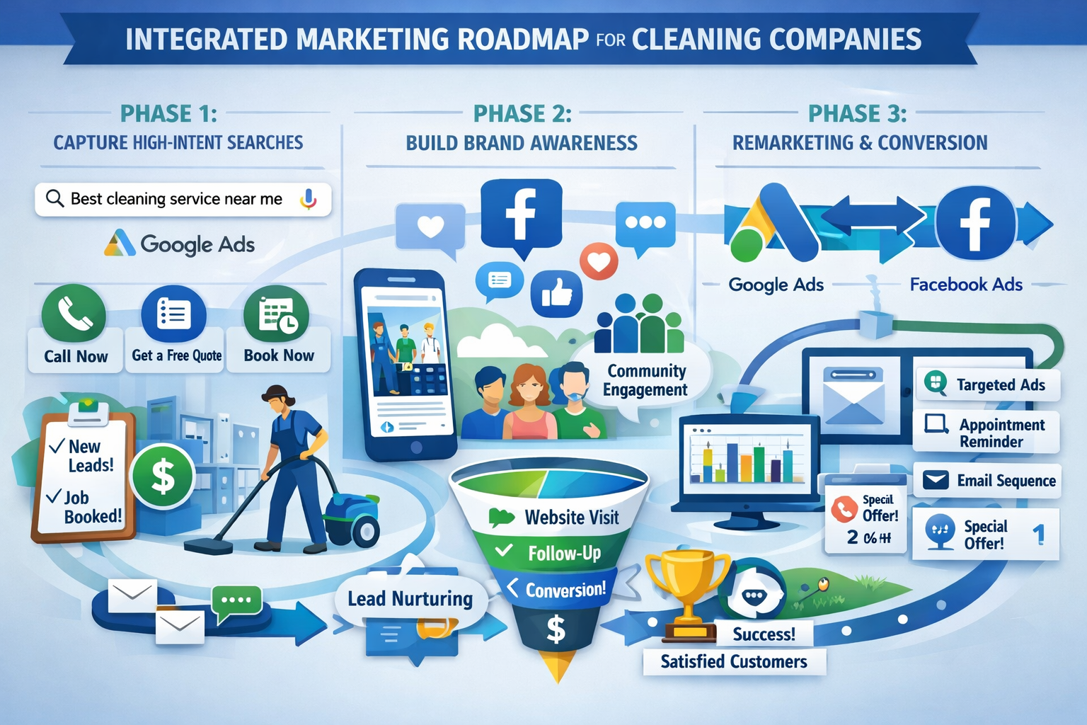 Strategic roadmap illustration (1536x1024) showing integrated marketing approach for cleaning companies combining both Google Ads and Facebo