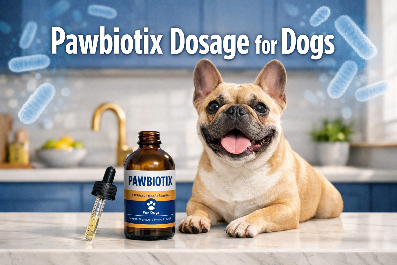 Professional landscape format (1536x1024) hero image featuring bold text overlay 'Pawbiotix Dosage for Dogs' in extra large 72pt white sans-