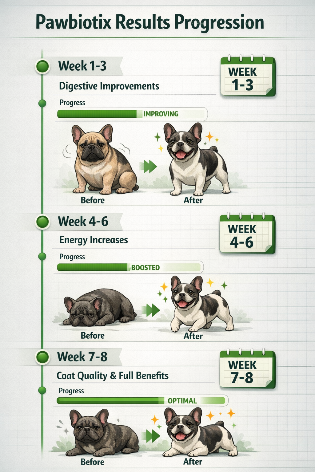 Portrait format (1024x1536) timeline infographic showing Pawbiotix results progression: Week 1-3 (digestive improvements), Week 4-6 (energy
