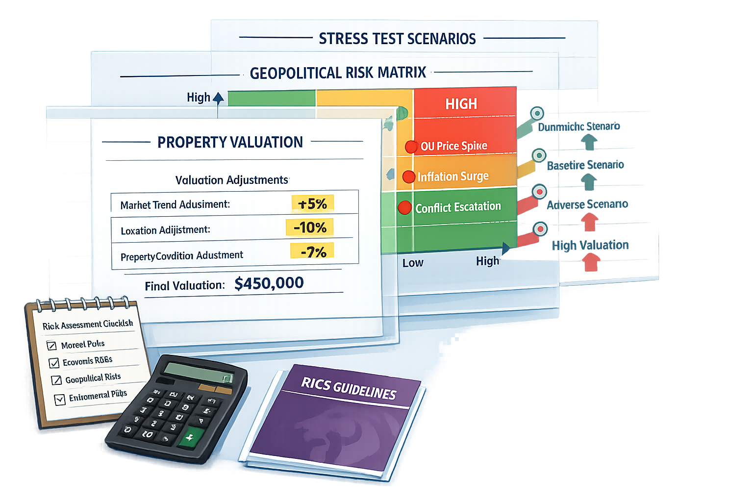 Detailed () conceptual illustration showing surveyor's risk assessment framework as layered transparent sheets. Front layer