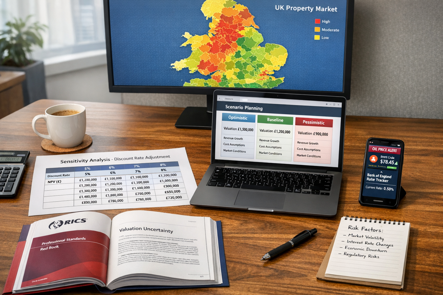 Detailed () image showing modern surveyor's workspace with practical implementation tools. Central focus on large desk with