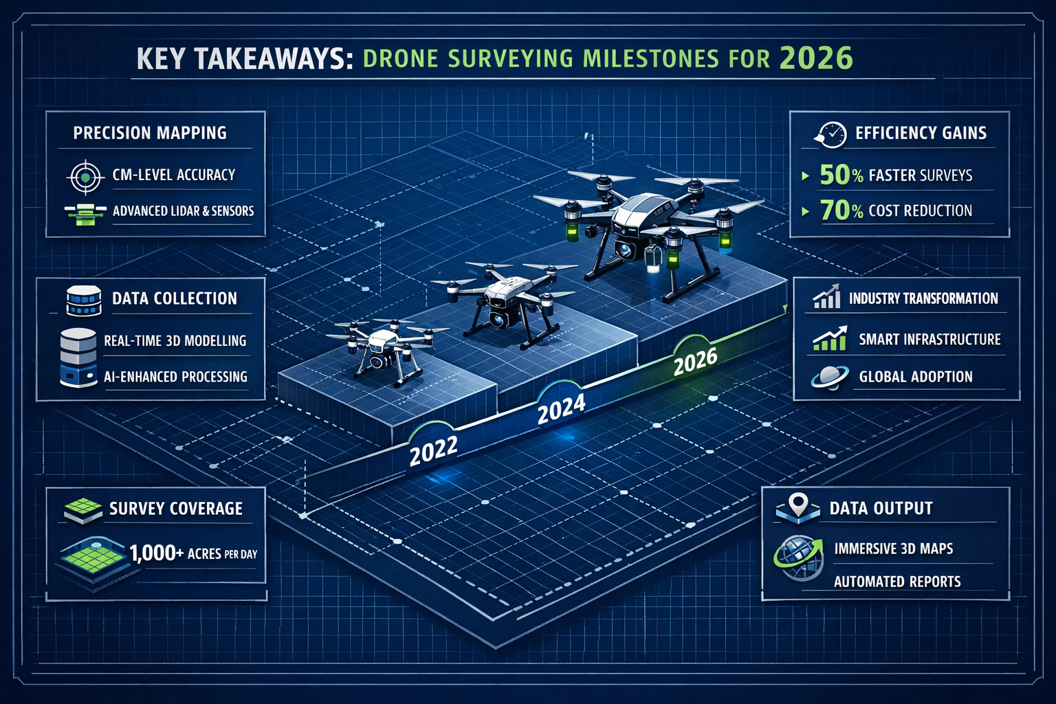 Key Takeaways section infographic featuring an isometric 3D blueprint layout showcasing drone surveying technology milestones for 2026. Cent