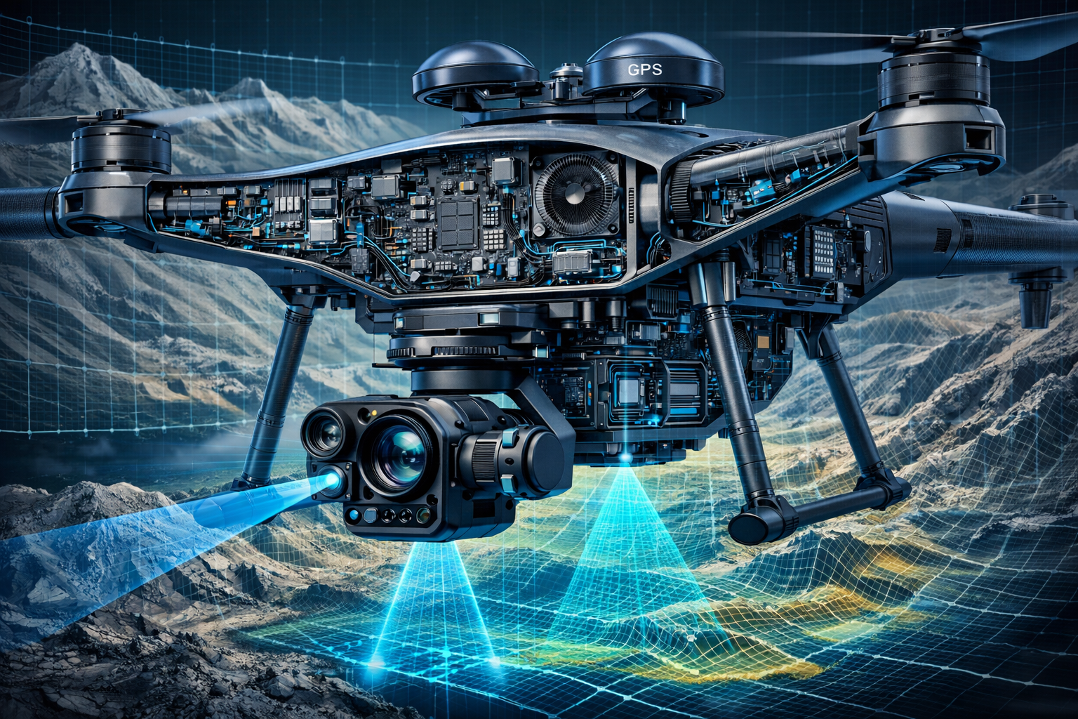 Technical illustration depicting advanced UAV drone surveying technology in detailed cross-section view. Cutaway perspective revealing inter