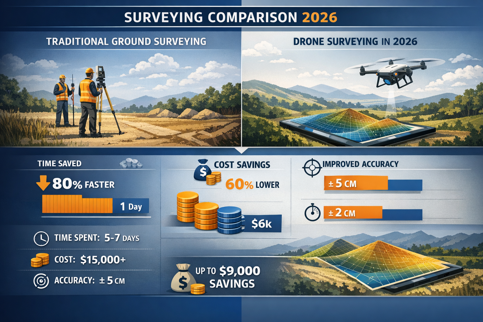 Comparative infographic visualizing cost and efficiency benefits of drone surveying technology in 2026. Split-screen design contrasting trad
