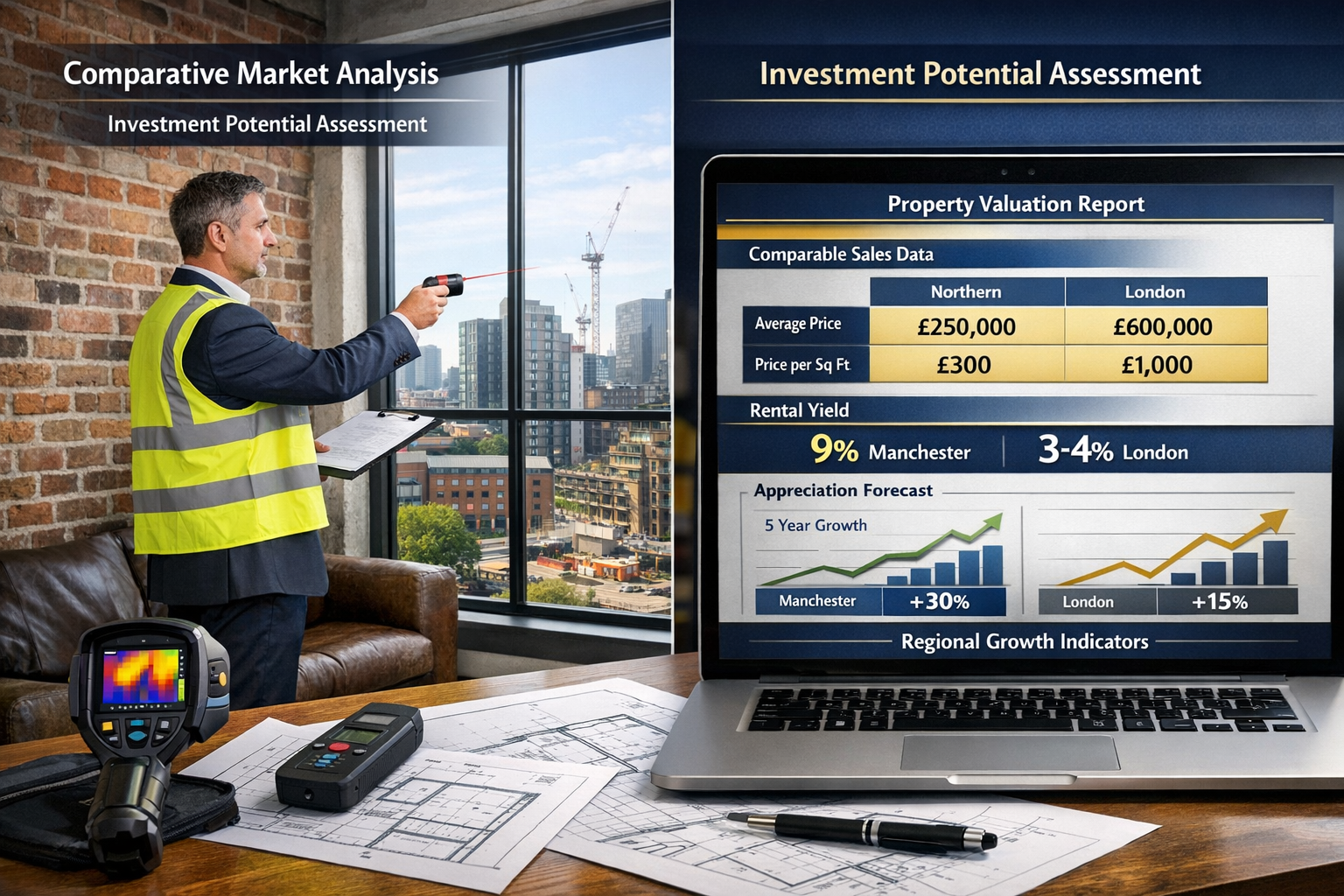Landscape format (1536x1024) professional composition showing chartered surveyor conducting property valuation in Northern Powerhouse city. 