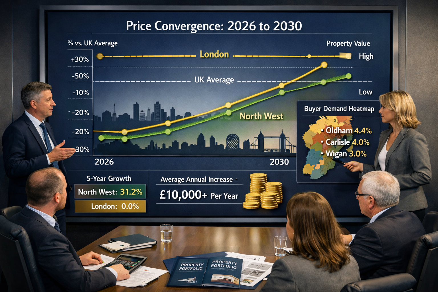 Landscape format (1536x1024) detailed visualization showing price convergence trend from 2026 to 2030 with dual-axis line graph. Main graph 