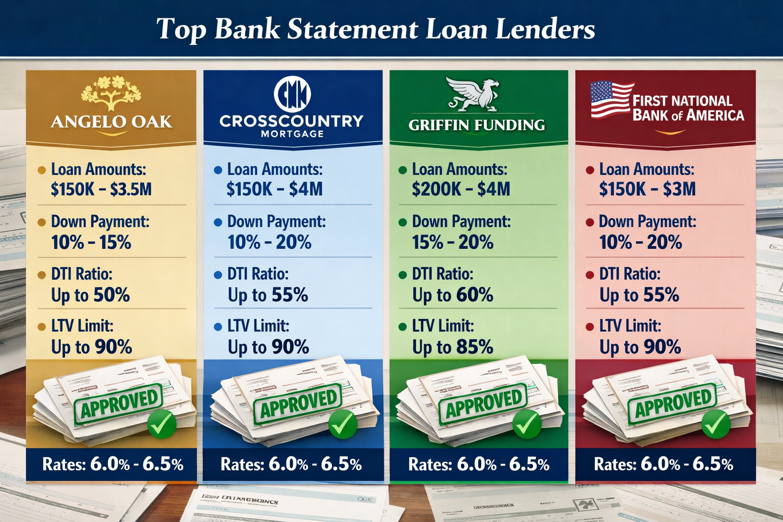 Landscape format (1536x1024) editorial image showing side-by-side comparison infographic of top 4 bank statement loan lenders with branded s