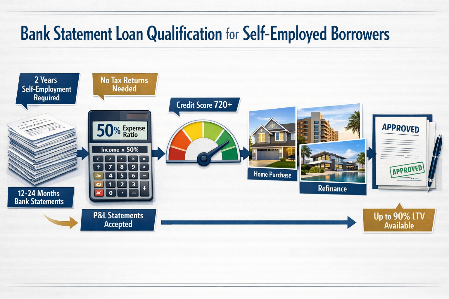 Landscape format (1536x1024) detailed process flow diagram showing bank statement loan qualification pathway for self-employed borrowers. Vi