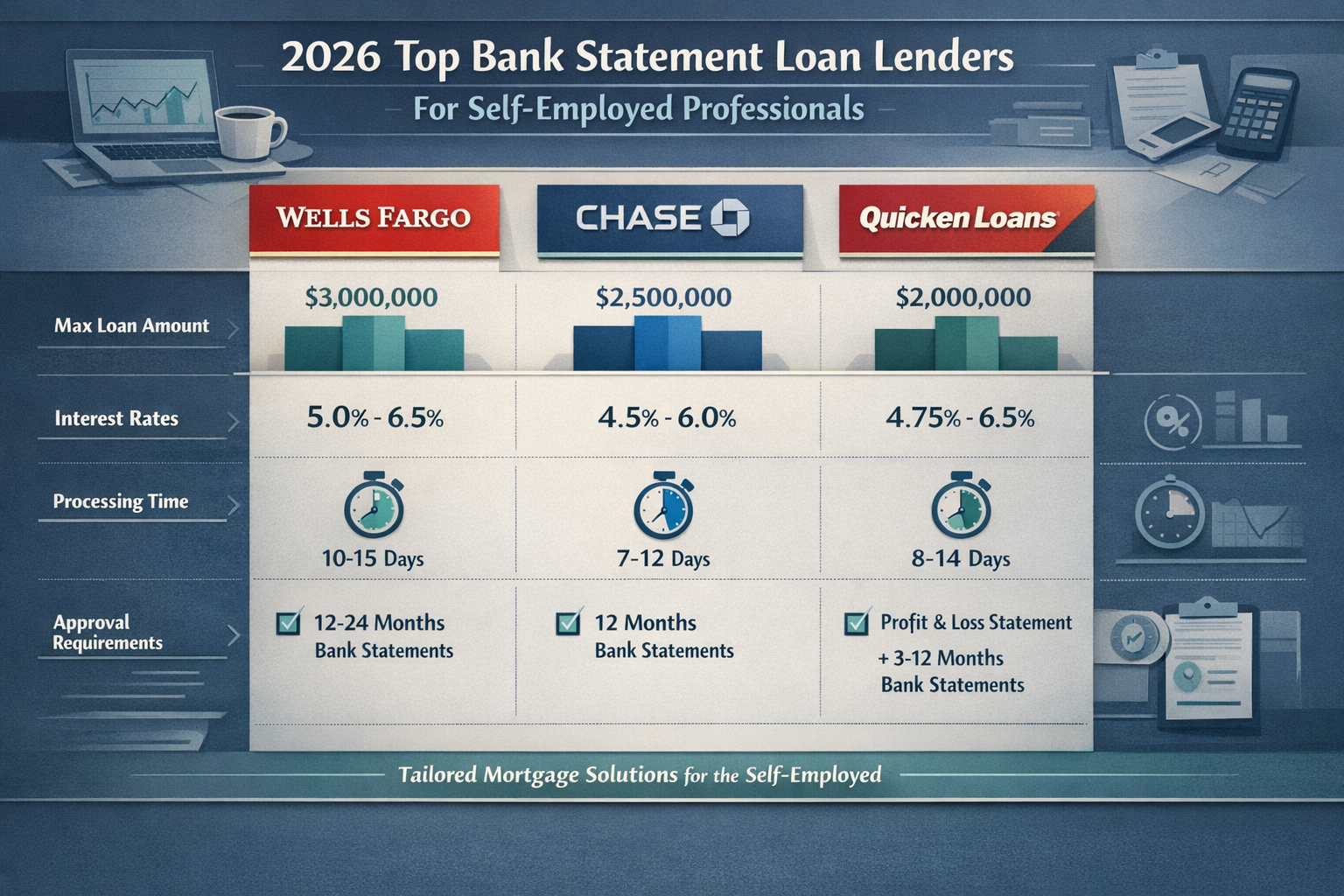 Detailed side-by-side comparison infographic visualizing top bank statement loan lenders for self-employed professionals in 2026, featuring