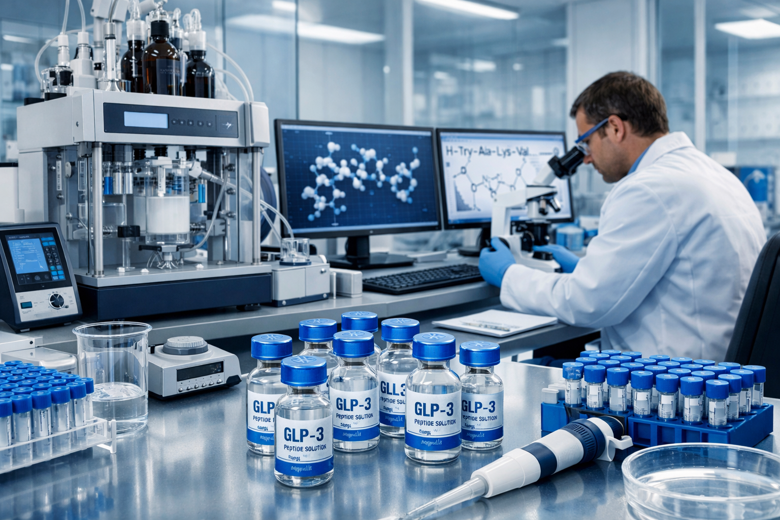 Professional research laboratory scene showing peptide synthesis equipment, vials of GLP3 peptide solutions, scientific measuring instrument