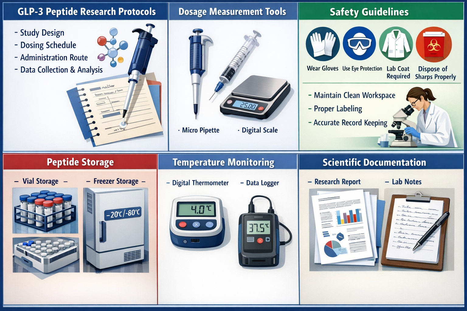 Split-screen comparison chart showing GLP3 peptide research protocols, dosage measurement tools, safety guidelines infographic, laboratory b