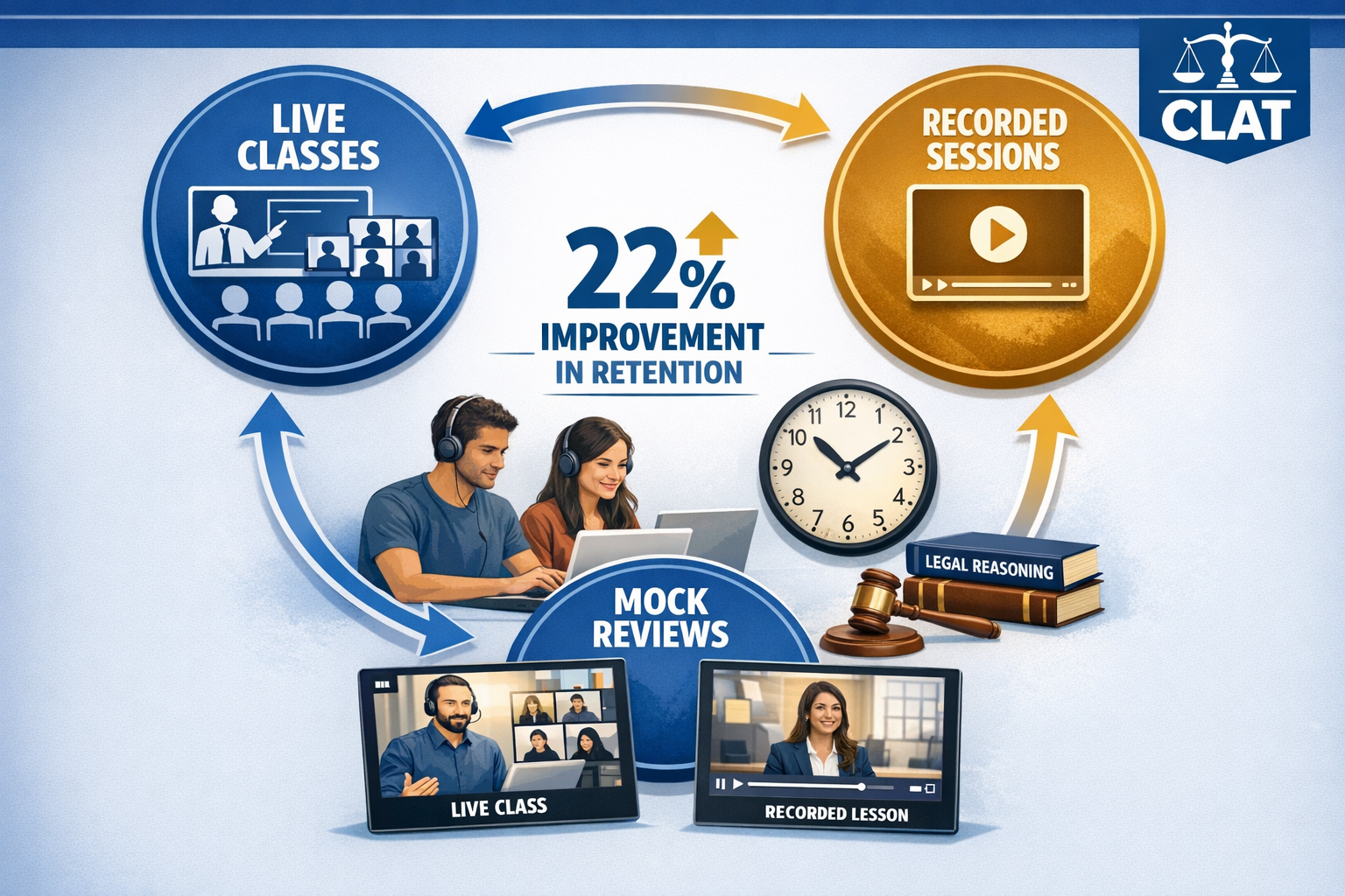 Landscape format (1536x1024) educational infographic showing three interconnected circles representing live classes, recorded sessions, and