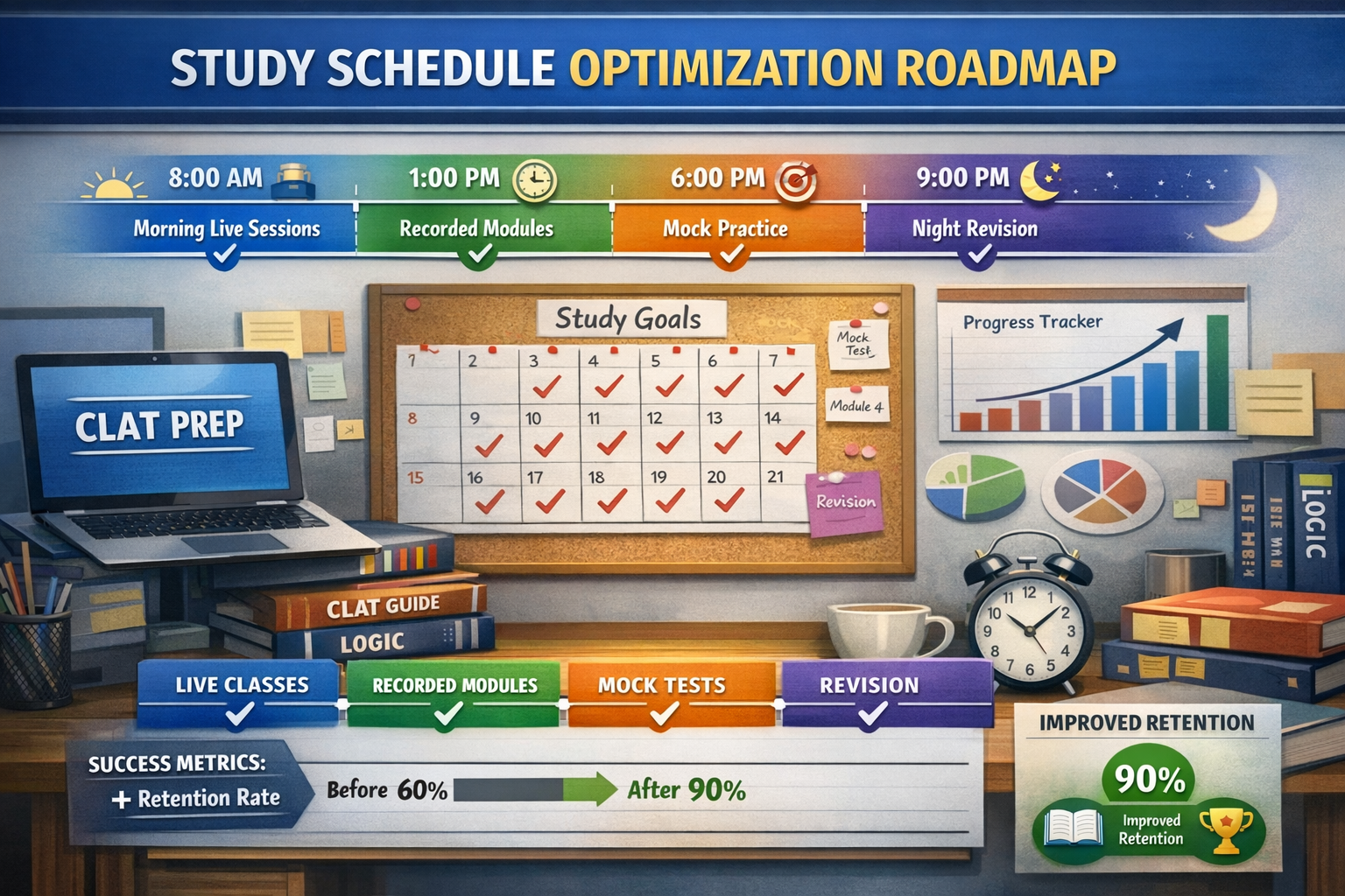 Professional landscape format (1536x1024) implementation roadmap showing daily study schedule optimization. Visual timeline from morning to