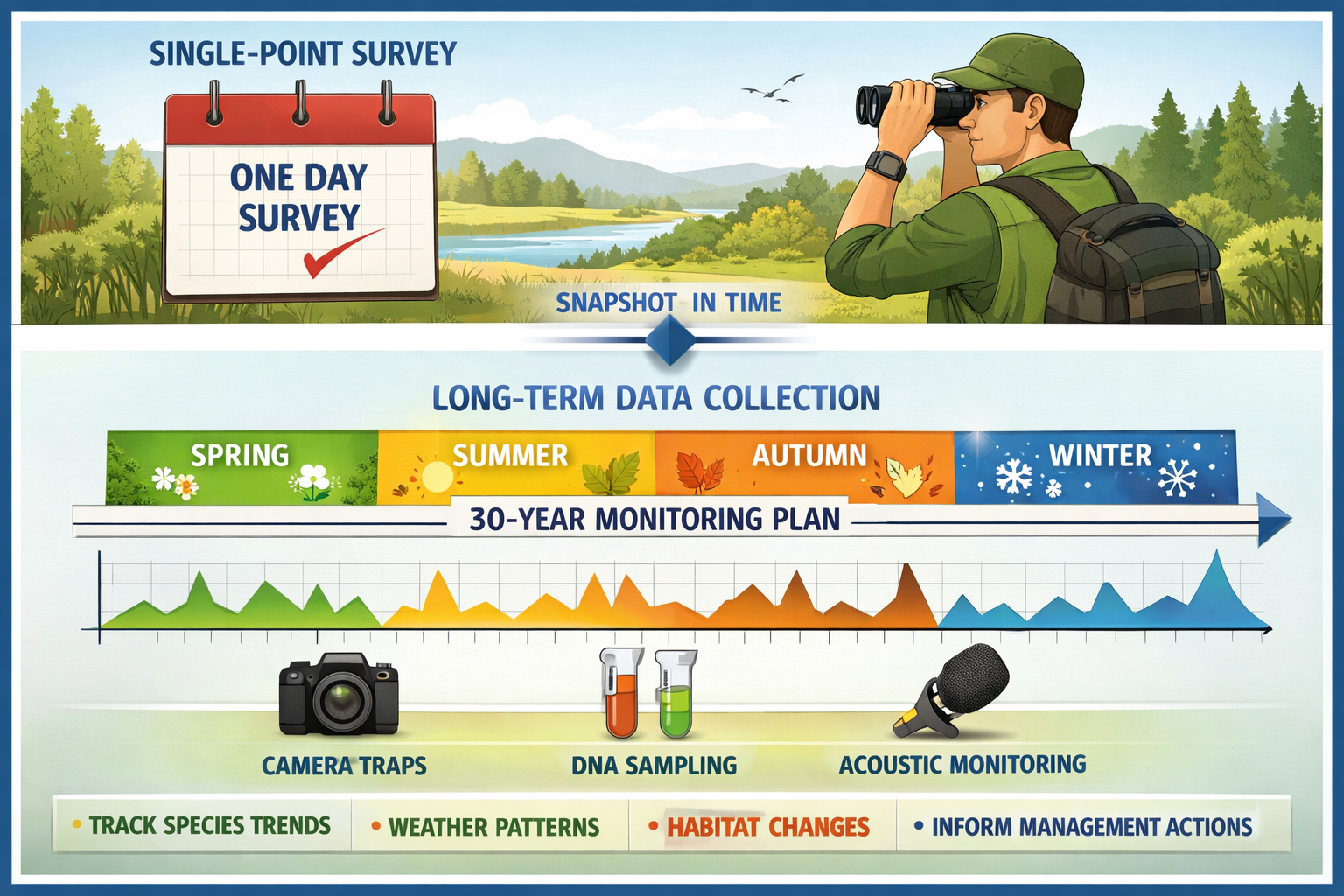 Detailed () illustration showing timeline comparison of monitoring approaches: top half displays single-point survey with