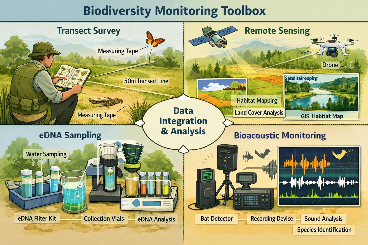 Detailed () technical diagram showing four-pillar biodiversity monitoring toolbox: quadrant layout with each section