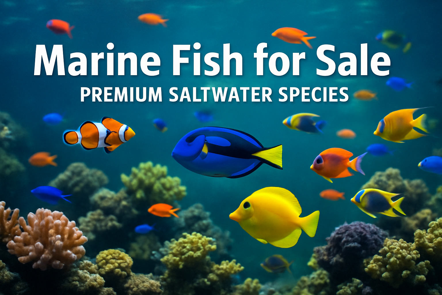 Professional landscape hero image (1536x1024) featuring vibrant tropical marine aquarium scene with colorful saltwater fish swimming among c