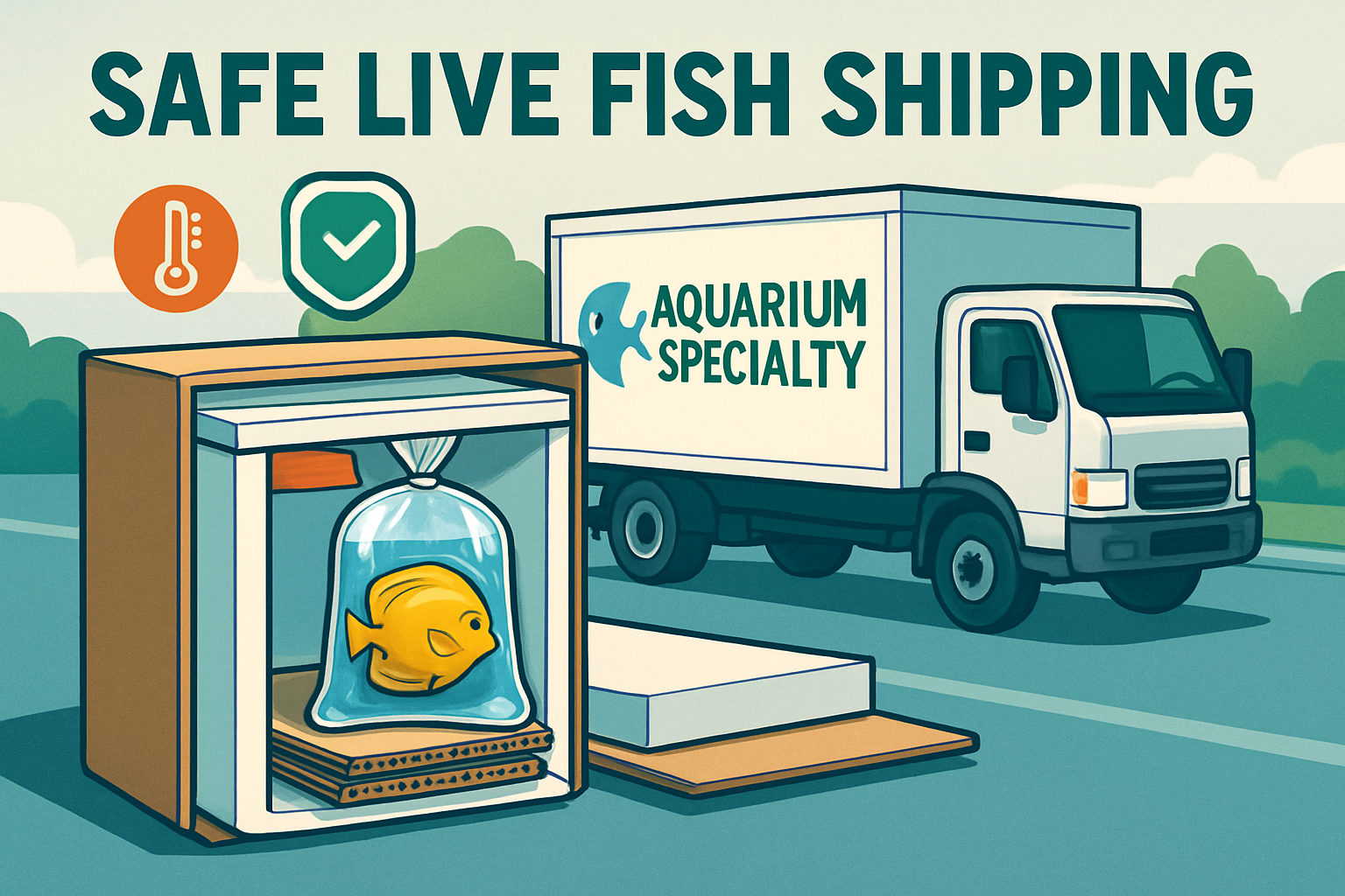 Professional landscape image (1536x1024) depicting secure shipping process for live marine fish with specialized insulated boxes, oxygen bag