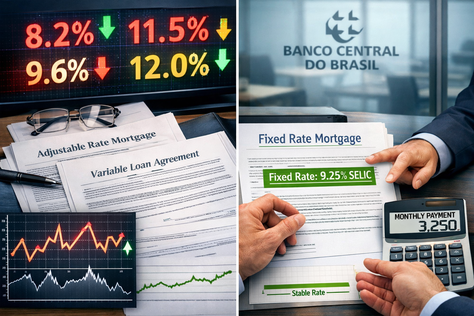 Detailed () image showing split-screen comparison: left side displays traditional floating-rate mortgage documents with