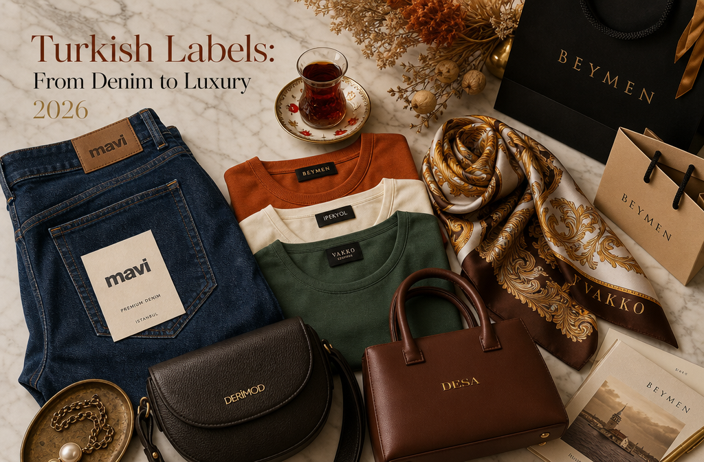Best Turkish Fashion Brands 2026: Local Labels Worth Knowing 1 () editorial flat-lay photography showing iconic Turkish fashion brand items arranged on a marble surface: premium denim