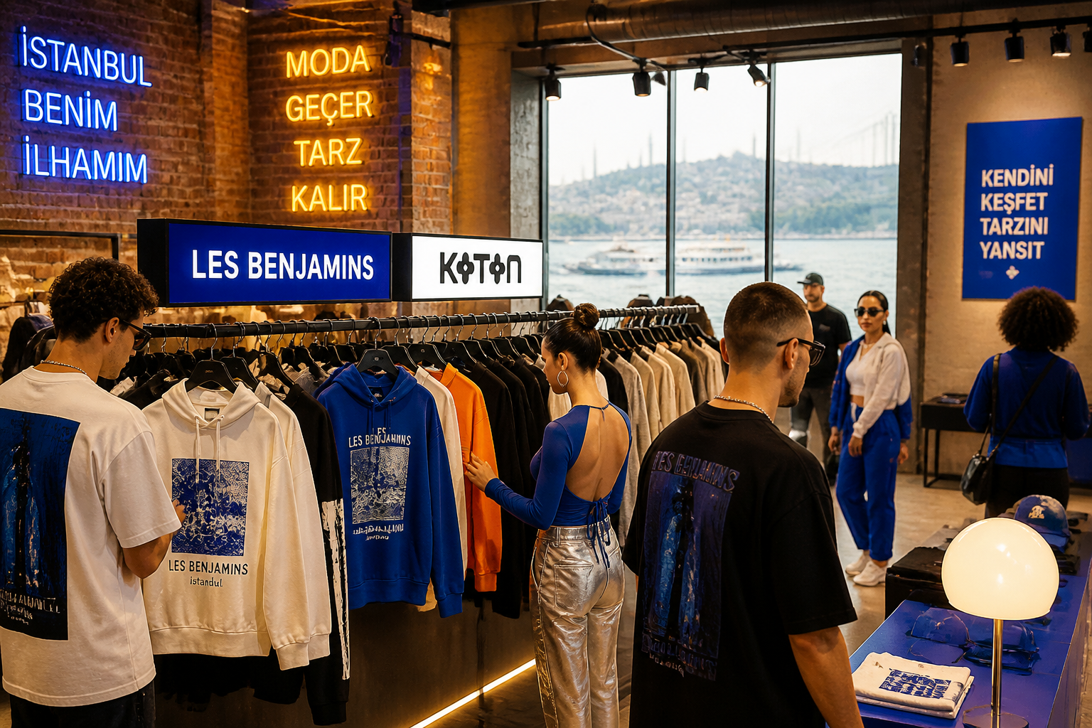 Best Turkish Fashion Brands 2026: Local Labels Worth Knowing 2 () showing a modern Istanbul fashion showroom interior with a diverse group of stylish young shoppers browsing racks of