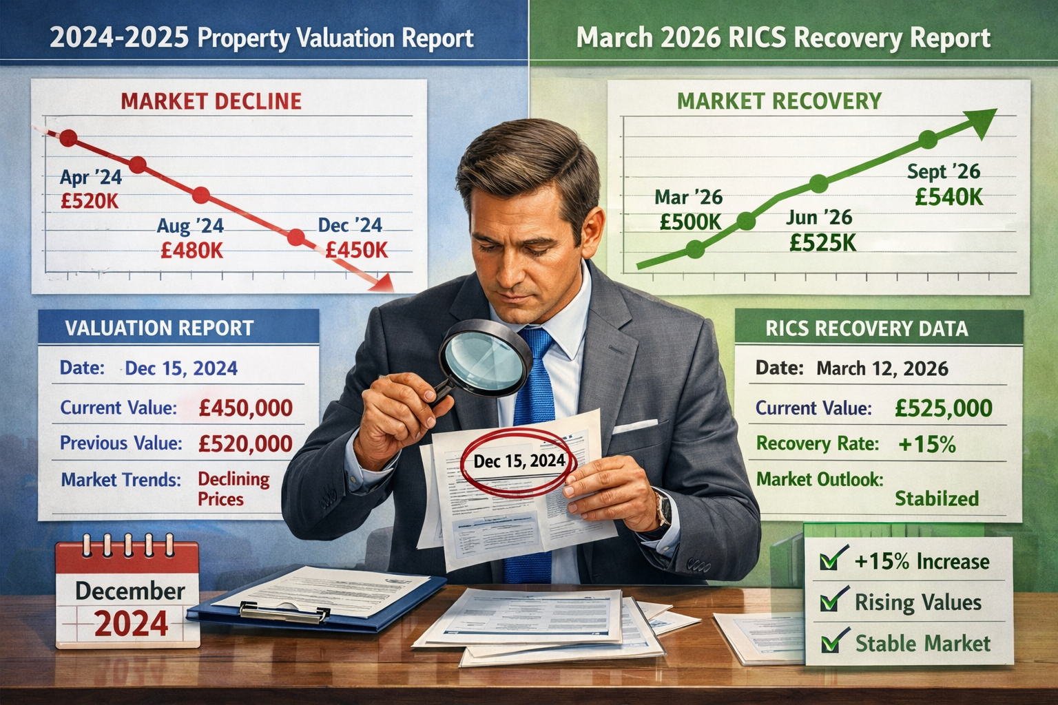 () detailed illustration showing split-screen comparison: left side displays property valuation report from 2024-2025