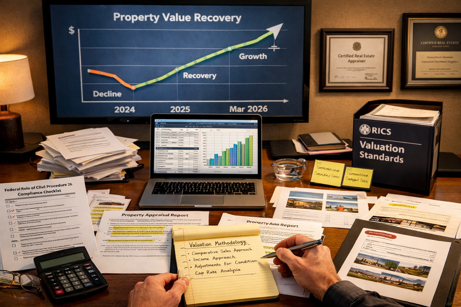 () professional photograph-style image of expert witness preparing testimony materials in modern office setting. Desk