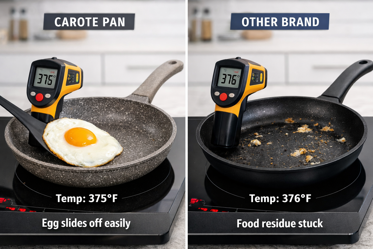 Landscape format (1536x1024) split-screen comparison infographic style photograph showing two nonstick pans side by side on an induction cooktop. Left pan is a Carote granite-coated pan with a perfectly cooked sunny-side-up egg sliding off effortlessly, right pan shows a competing brand with slight food residue. A digital infrared thermometer reads temperature on each pan. Clean modern kitchen background, bright even lighting, informational editorial style, data-driven visual with subtle text annotations showing temperature readings.