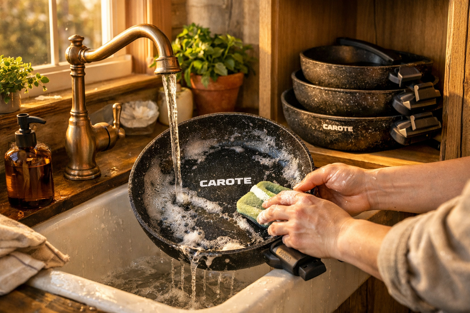 Landscape format (1536x1024) lifestyle photograph of hands gently washing a Carote nonstick pan under warm running water in a modern farmhouse-style kitchen sink, with soap suds and a soft sponge visible. In the background, a neat stack of Carote pans with removable handles stored compactly in a kitchen cabinet. Golden hour side lighting, cozy and practical atmosphere, earth tone color palette with green plant accents on the windowsill, editorial lifestyle photography quality, focus on ease of care and compact storage.