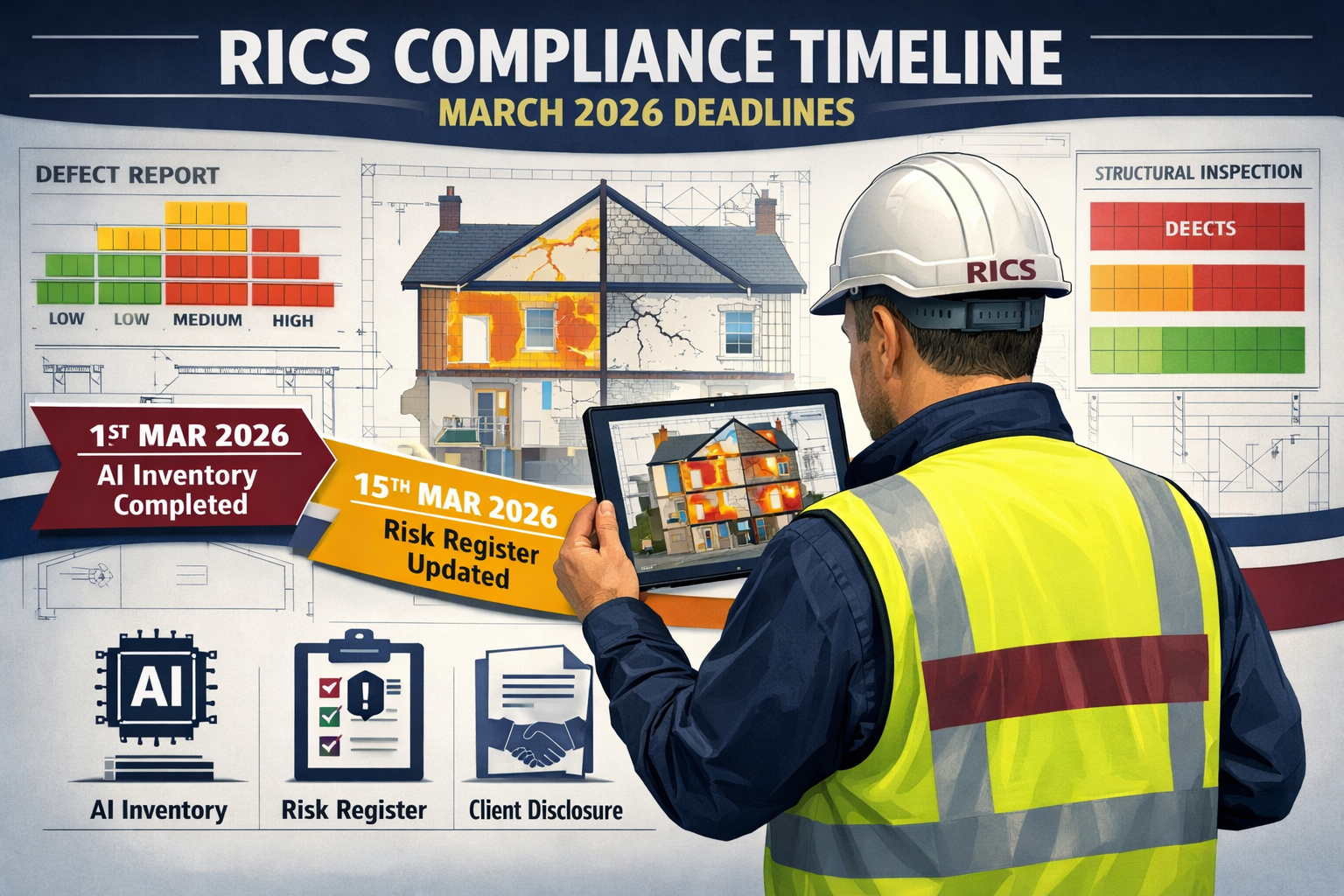 Detailed () infographic-style illustration showing a formal RICS compliance timeline ribbon stretching from left to right,