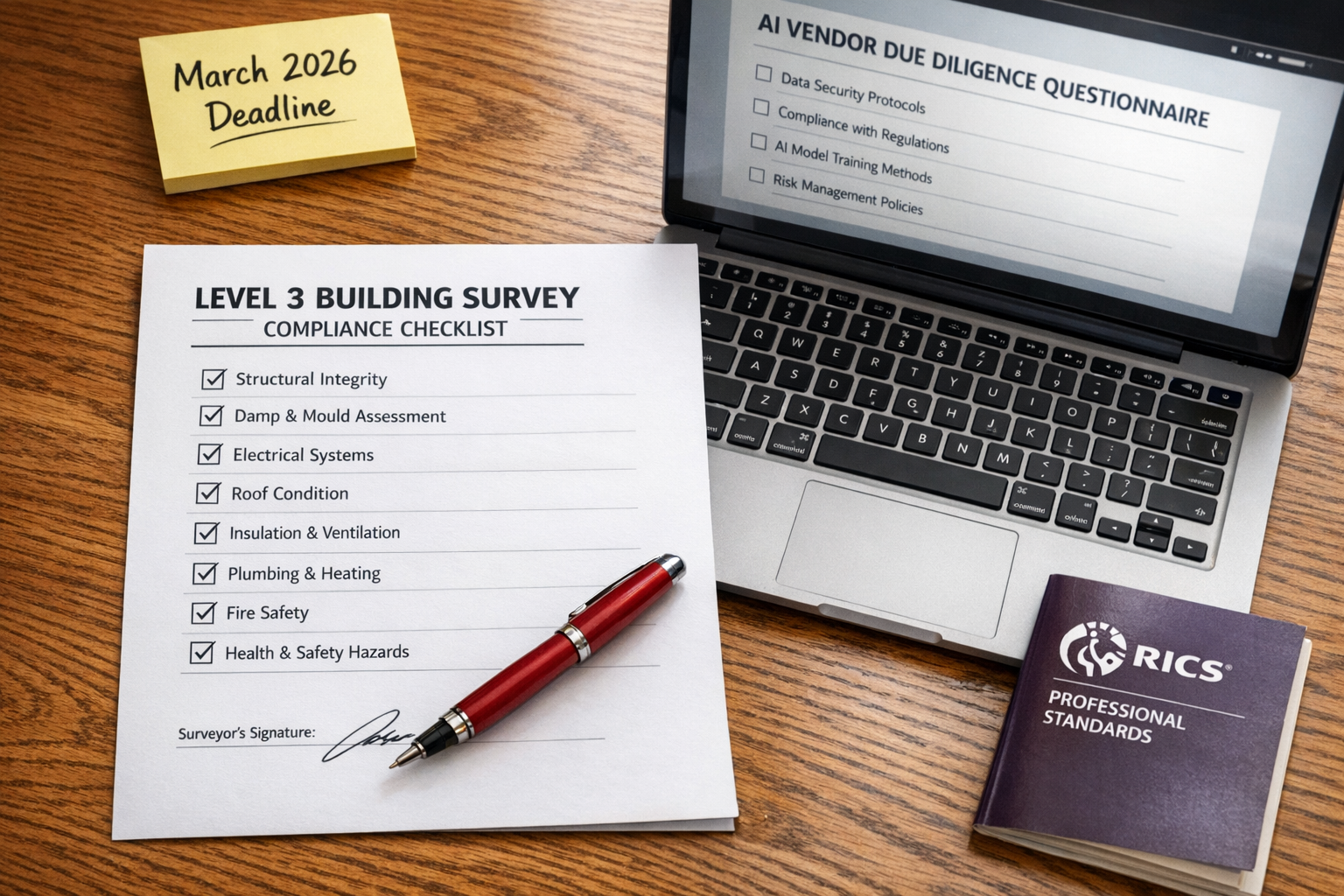 Close-up () flat-lay composition on a polished oak desk showing a printed Level 3 Building Survey compliance checklist with