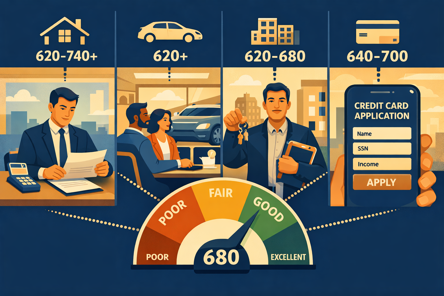 Landscape format (1536x1024) split-scene concept illustration showing four real-world lending scenarios side by side: a mortgage officer rev