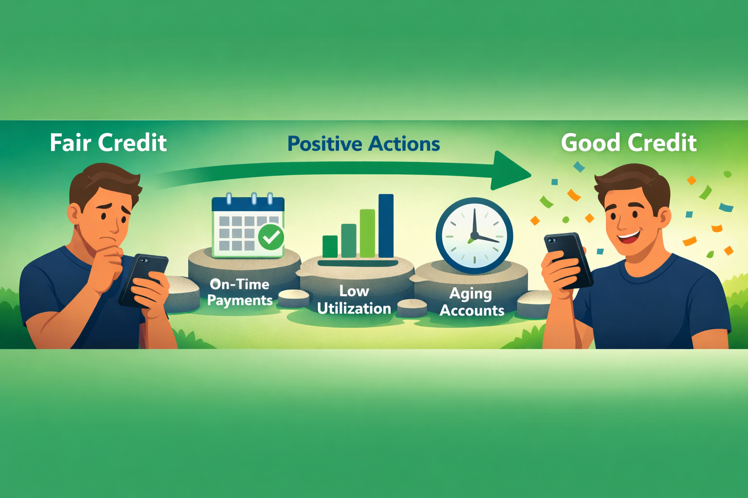 Landscape format (1536x1024) motivational timeline infographic showing the journey from fair credit to good credit. Left side shows a person