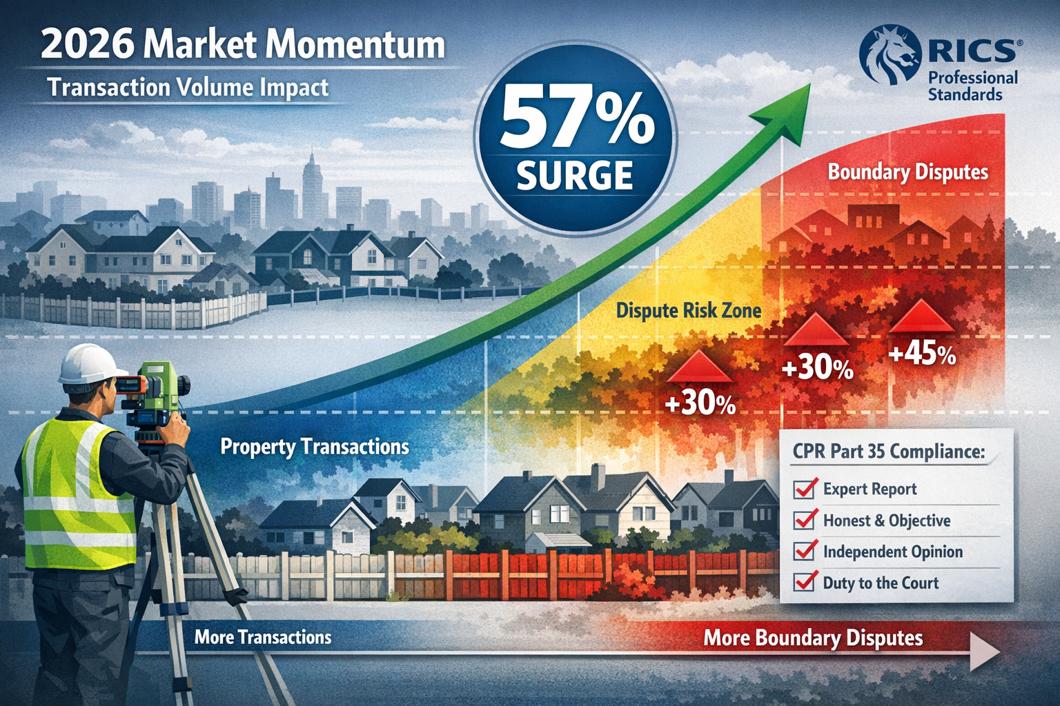 Detailed landscape format (1536x1024) infographic showing upward trending graph of UK property transactions with 57% surge indicator promine