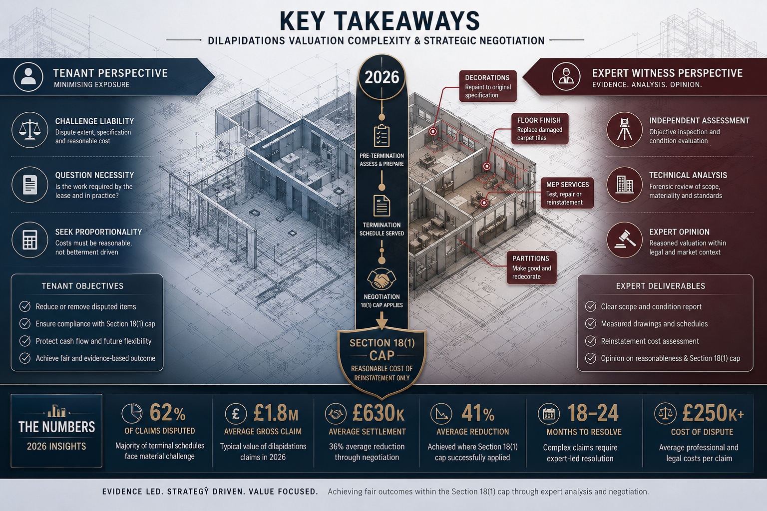 Key Takeaways section visual: Isometric split-screen infographic showcasing dilapidations valuation complexity, left side